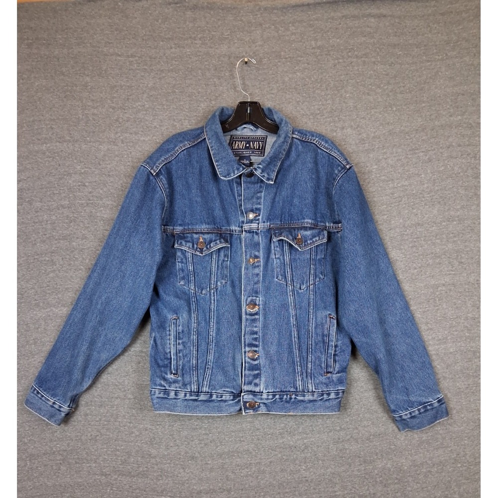 Army Navy Adult Denim Jacket Medium Blue Trucker Button Up VTG 90s‎ Streetwear